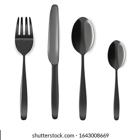 Mock up Realistic Black Spoon, Fork And Knife on Dining Table for food isolated on white Background.