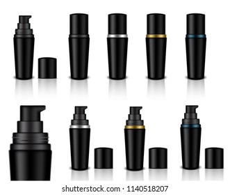 Mock up Realistic Black,Gold, Metal And Blue Cosmetic Soap Gel Bottles Set Background Illustration