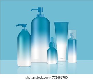 Mock up Realistic Blue Cosmetic Bottles With Pump, Spray And Dropper Set Background Illustration