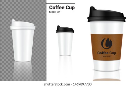 Mock up Realistic Coffee Cup Packaging Product and Logo Design with Black, White, Paper Brown Color on Transparent and White Background Illustration