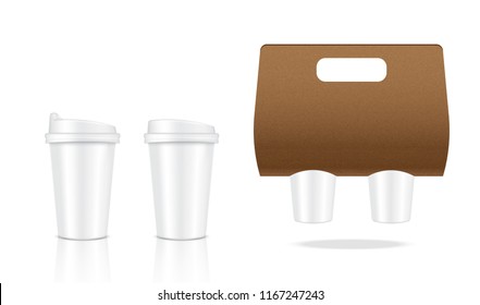 Mock up Realistic Coffee White Cup Packaging Product and Kraft Paper Carrier for Take Home Background Illustration