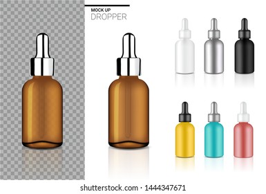 Mock up Realistic Dropper Bottle Cosmetic Set Template with black, Transparent Amber, Silver, Rose gold, Blue and Yellow Colour For Oil or Perfume on White Background Illustration