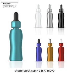 Mock up Realistic Dropper Bottle Cosmetic Set Template with black, Silver, gold, Blue and Red Colour For Oil or Perfume on White Background Illustration
