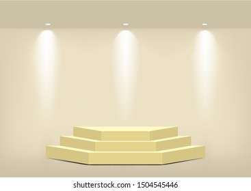 Mock up Realistic Empty Geometric Gold Shelf for interior to Show Product with Spotlight and shadow on White background. Pedestal Design illustration