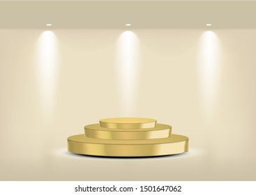Mock up Realistic Empty Gold Shelf for interior to Show Product with Spotlight and shadow on White background. Pedestal Design illustration