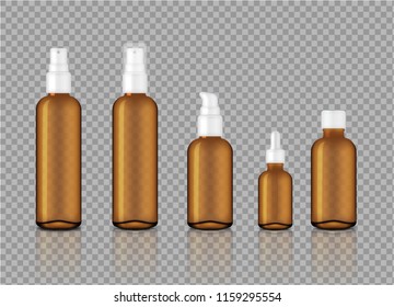 Mock up Realistic Glossy Amber Transparent Glass Cosmetic Soap, Shampoo, Cream, Oil Dropper and Spray Bottles Set for Skincare Product Background Illustration