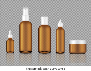 Mock up Realistic Glossy Amber Transparent Glass Cosmetic Soap, Shampoo, Cream, Oil Dropper and Spray Bottles Set for Skincare Product Background Illustration