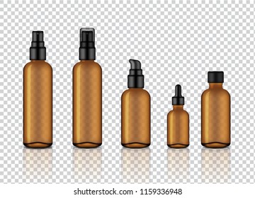 Mock up Realistic Glossy Amber Transparent Glass Cosmetic Soap, Shampoo, Cream, Oil Dropper and Spray Bottles Set With Black Cap for Skincare Product Background Illustration