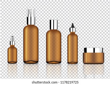 Mock up Realistic Glossy Amber Transparent Glass With Metallic Cap for Cosmetic Soap, Shampoo, Cream, Oil Dropper and Spray Bottles Set With Black Cap for Skincare Product Background Illustration