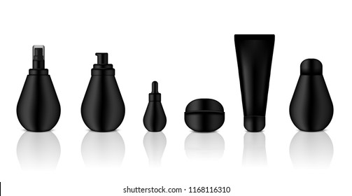 Mock up Realistic Glossy Black Cosmetic Soap, Shampoo, Cream, Oil Dropper and Spray Bottles Set for Skincare Product Background Illustration