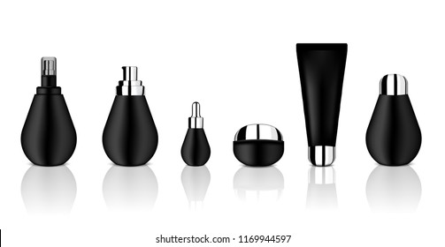 Mock up Realistic Glossy Black Cosmetic Soap, Shampoo, Cream, Oil Dropper and Spray Bottles Set with Metallic cap for Skincare Product Background Illustration