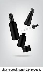Mock up Realistic Glossy Black Cosmetic Soap, Shampoo, Cream, Oil Dropper and Spray Bottles Set for Skincare Product Background Illustration