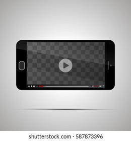 Mock up of realistic glossy smartphone with transparent place for horizontal video player on light background