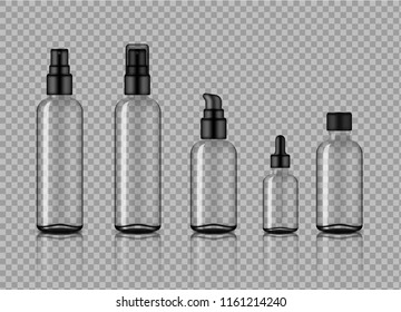 Mock up Realistic Glossy Transparent Glass Cosmetic Soap, Shampoo, Cream, Oil Dropper and Spray Bottles Set With Black Cap for Skincare Product Background Illustration