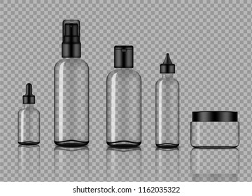 Mock up Realistic Glossy Transparent Glass Cosmetic Soap, Shampoo, Cream, Oil Dropper and Spray Bottles Set With Black Cap for Skincare Product Background Illustration