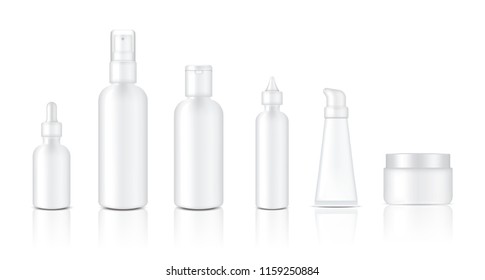 Mock up Realistic Glossy White Cosmetic Soap, Shampoo, Cream, Oil Dropper and Spray Bottles Set for Skincare Product Background Illustration