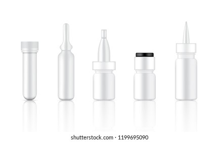 Mock Up Realistic Glossy White Cosmetic Serum, Ampoule, Oil Dropper Bottles Set For Skincare Product Background Illustration