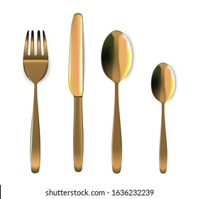 Mock up Realistic Gold Spoon, Fork And Knife on Dining Table for food isolated on white Background.