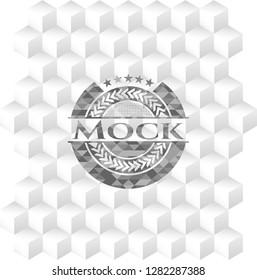 Mock realistic grey emblem with cube white background