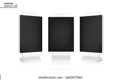 Mock up Realistic LED Roll up Banner Kiosk Display 3D POP Booth for Sale Marketing Promotion  Background Illustration. Event Exhibition Concept Design.