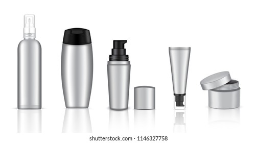 Mock up Realistic Metal and Black Cosmetic Soap, Shampoo, Cream and Spray Bottles Set Background Illustration