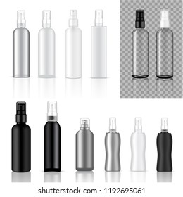 Mock up Realistic Metal, white and Black Cosmetic  Spray Bottles Set Background Illustration