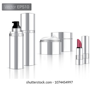 Mock up Realistic Metallic Cosmetic Bottle, Cream Packaging And Lipstick isolated Set On White Background.