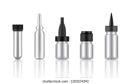 Mock Up Realistic Metallic Cosmetic Serum, Ampoule, Oil Dropper Bottles Set For Skincare Product Background Illustration