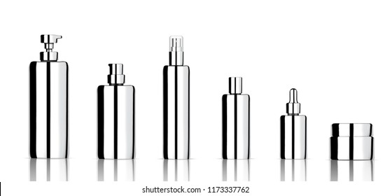 Mock up Realistic Metallic Cosmetic Soap, Shampoo, Cream, Oil Dropper and Spray Bottles Set for Skincare Product with Cap on white Background Illustration