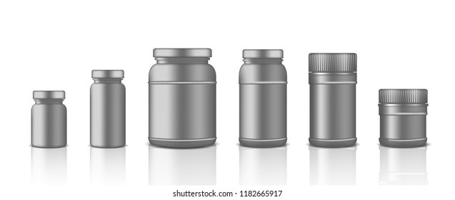 Mock up Realistic Metallic Plastic Packaging Product Jar For Protein or Medicine Bottle isolated Background.