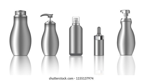 Mock up Realistic Metallic Spray, Dropper, Pump Cosmetic Bottles Set For Soap, Shampoo or Lotion Background Illustration