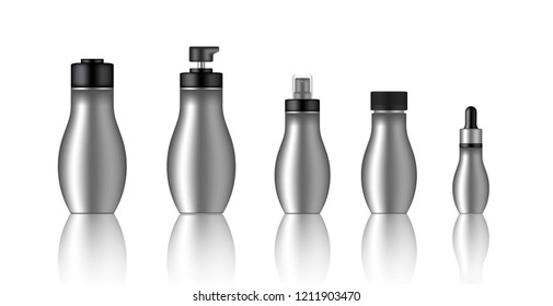 Mock up Realistic Metallic Spray, Dropper, Pump Cosmetic Bottles Set For Soap, Shampoo or Lotion Background Illustration