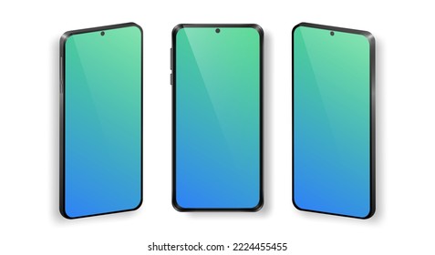 Mock up of realistic mobile phones in front and perspective view. Collection of phones with black frame and cyan gradient screen isolated on white background. Vector device template for advertisement