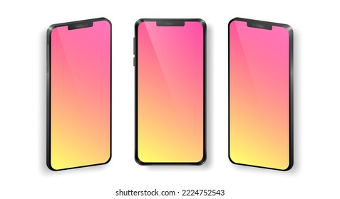 Mock up of realistic mobile phones in front and perspective view. Collection of phones with black frame and gradient screen isolated on white background. Vector device template for advertisement