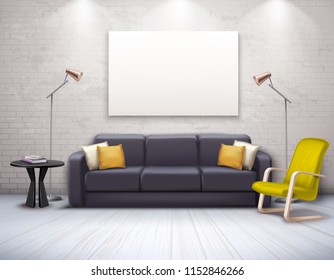 Mock up of realistic modern interior with furniture in black yellow color and ceiling lighting vector illustration     