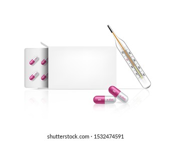 Mock up Realistic On Diet Capsule Pill Medicine on White Background with Box Packaging and Thermometer for fever check. Hospital Tool design Vector Illustration. Tablets Medical and Health Concept.
