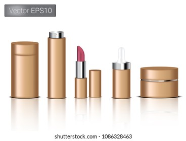 Mock up Realistic Paper Brown Packaging Product For Cosmetic Beauty Bottle, Spray, Lipstick And Dropper or Pipette For Make up isolated Set On White Background.