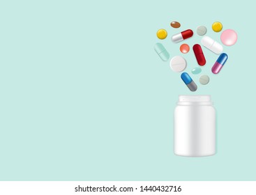 Mock up Realistic Pill Medicine Heart Shape With White Glass Bottle Packaging Product For Medical Business isolated on pastel Background.