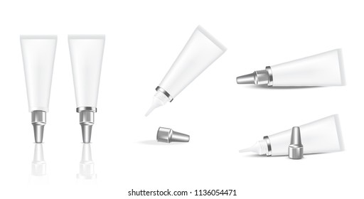 Mock up Realistic Plastic Packaging White Tube Product and Metal Lid For Cosmetic Beauty and Medicine isolated Background.