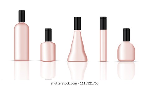 Mock up Realistic Plastic Rose Gold Packaging Product For Cosmetic Beauty, Perfume or Water Bottle isolated Background.