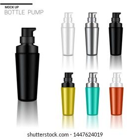 Mock up Realistic Pump Bottle Cosmetic Set Template with black, Silver, Red, Blue and Yellow Colour on White Background Illustration