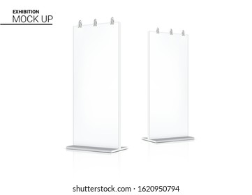 Mock up Realistic Roll up Banner Kiosk Display 3D POP Booth for Sale Marketing Promotion With Spotlight Background Illustration. Event Exhibition Concept Design.