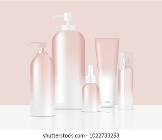 Mock up Realistic Rose Gold Pastel Bottles and Dropper Set Background 