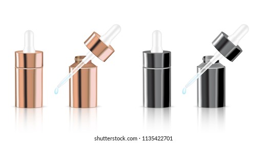 Mock up Realistic Rose Gold Pastel Cosmetic Product Bottles and Dropper Set for Serum Essential Oil Background Illustration