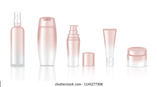 Mock up Realistic Rose Gold Pastel Color Cosmetic Soap, Shampoo, Cream and Spray Bottles Set on White Background Illustration