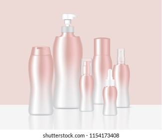 Mock up Realistic Rose Gold Pastel Bottles, Pump, Dropper and Spray Set for Skincare, Oil, Cream, Body lotion, Shampoo and Soap Background Illustration
