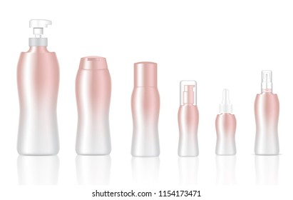 Mock up Realistic Rose Gold Pastel Bottles, Pump, Dropper and Spray Set for Skincare, Oil, Cream, Body lotion, Shampoo and Soap Background Illustration
