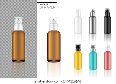 Montaje de plantilla de conjunto estético de botellas realistas con color negro, ámbar transparente, plata, oro rosa, azul y amarillo en fondo blanco Ilustración