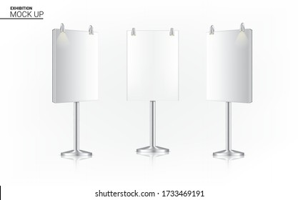 Mock up Realistic Stand Roll up Banner Kiosk Display 3D POP Booth with spotlight for Advertising Sale Marketing Promotion  Background Illustration. Event Exhibition Concept Design.