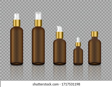 Maquen la ilustración del vector de fondo, Amber Transparente Realista y Botella de pulverización dorada para el aglutinador estético y de suero. Diseño de conceptos médicos y sanitarios.